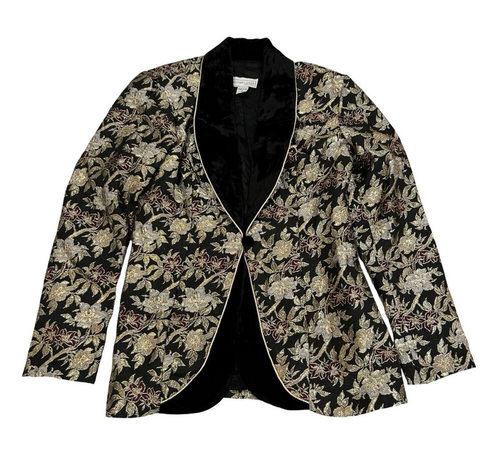 Scott McClintock Black Velvet Blazer Jacket Size 8 Gold Floral Metallic Brocade
